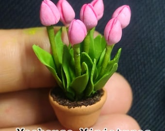 Dollhouse Miniatures HANDMADE Flower Clay Garden Tulip  Flower  Plant Spring Random color  1 pot