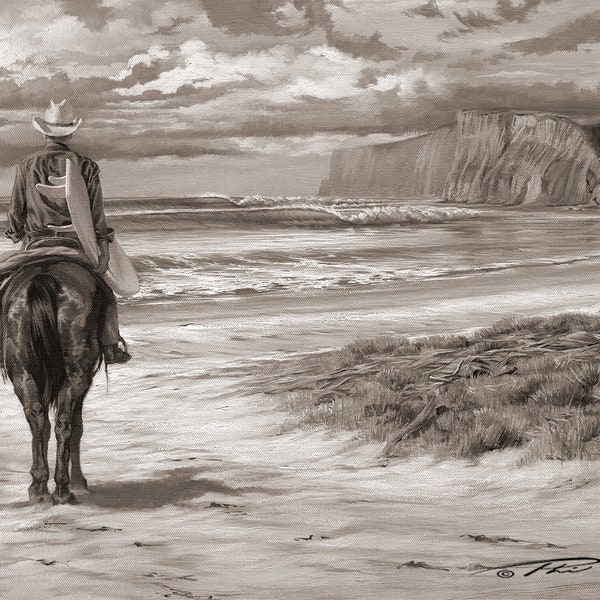 Morning Surf Check - Sepia B n W edition - Horse & Cowboy Collection - Fine Art by Phil Roberts