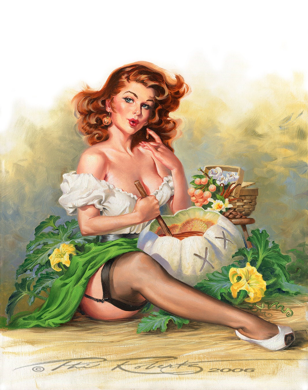 Pumpkin Girl Vintage Pin Up Original Oil On Canvas Fine Etsy