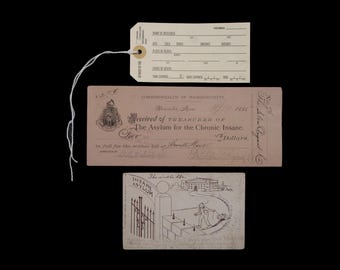 Vintage Insane Asylum Group - Check from an Asylum (1885) - An Asylum Post Card & A Toe Tag - Great Display!!!
