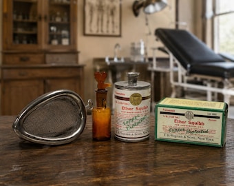 Rare Vintage Anesthesia Medical Collection - Squibb Ether Can w/ Original Box, Anesthesia Dropper & Mask - Medical Antique - LQQK!!!