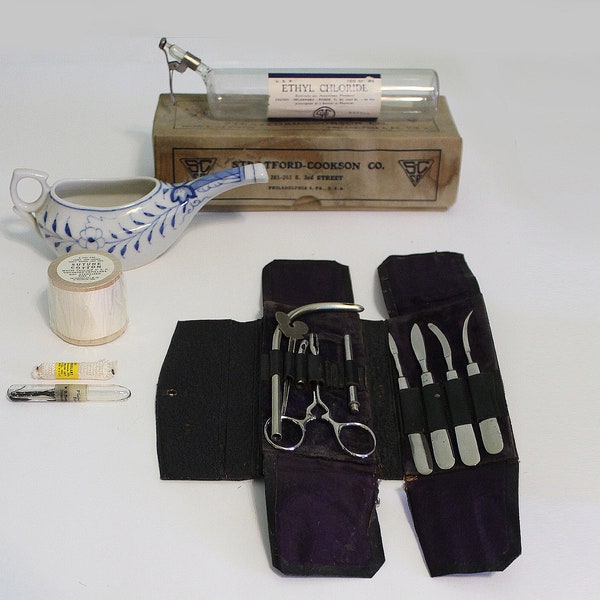 Vintage Surgical Set with Blades, Anesthetic, Smelling Salts, Sutures, etc.  - Check It Out!!! A1