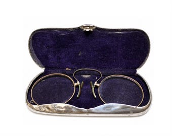 Antique Pince Nez Eyeglasses with Ornate Silver-Tone Case, Victorian Style Spectacles, Optical Collectible