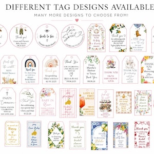 May include: A collection of rectangular and circular paper tags featuring various graphic designs, floral patterns, and personalized text for events like baby showers and bridal showers, with the header text DIFFERENT TAG DESIGNS AVAILABLE.