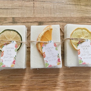 handmade bars of soap for citrus bridal shower favors with personalized tag