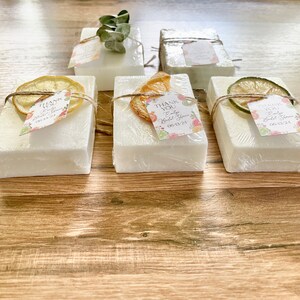handmade bars of soap for citrus bridal shower favors with personalized tag