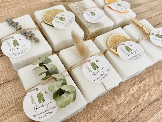 Gender Neutral Baby Shower Favors for Guests - Handmade Soap Bars with Essential Oils & Personalized Tags