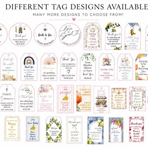 Pode incluir: Uma cole&ccedil;&atilde;o de etiquetas de papel retangulares e circulares com v&aacute;rios designs gr&aacute;ficos, padr&otilde;es florais e texto personalizado para eventos, com o cabe&ccedil;alho DIFFERENT TAG DESIGNS AVAILABLE no topo da imagem.
