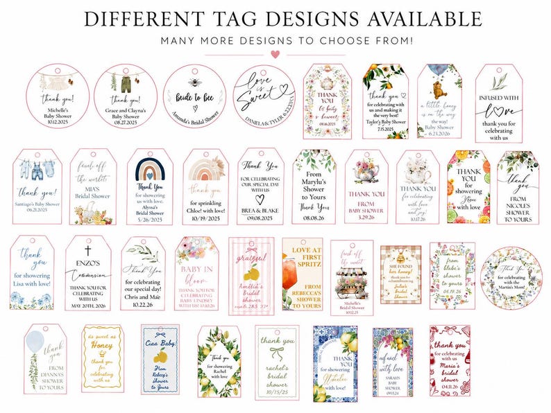 Pode incluir: Uma cole&ccedil;&atilde;o de etiquetas de papel retangulares e circulares com v&aacute;rios designs gr&aacute;ficos, padr&otilde;es florais e texto personalizado para eventos, com o cabe&ccedil;alho DIFFERENT TAG DESIGNS AVAILABLE no topo da imagem.