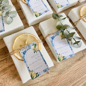 Lemon Soap Favors – Amalfi Italy Lemon Theme – Bridal Shower or Baby Shower – Handmade with Essential Oils + Personalized Tags - Set of 8