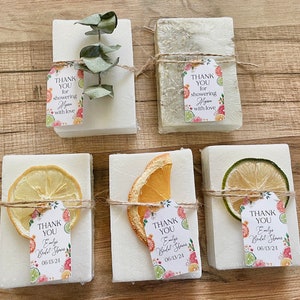 handmade bars of soap for citrus bridal shower favors with personalized tag