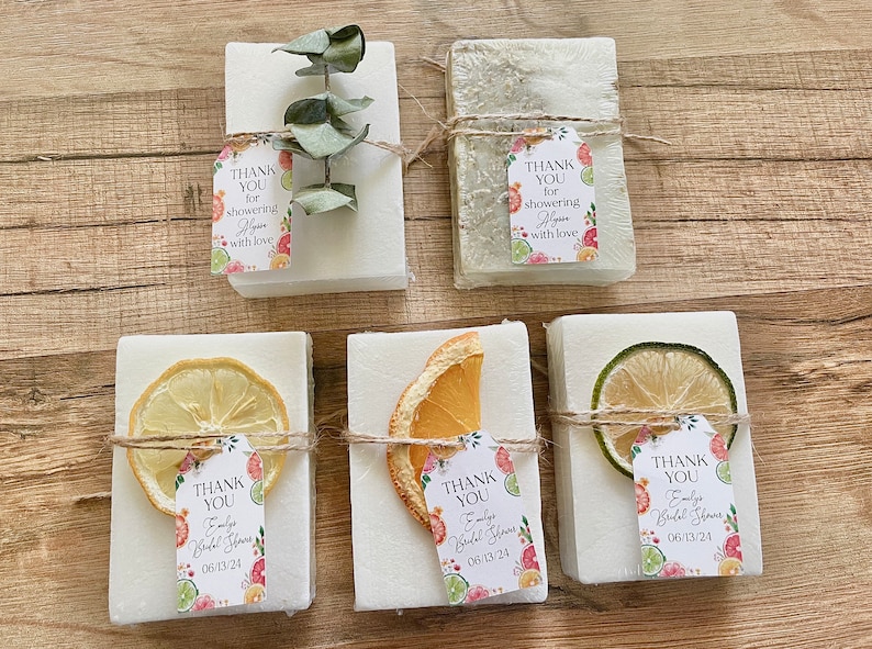 handmade bars of soap for citrus bridal shower favors with personalized tag