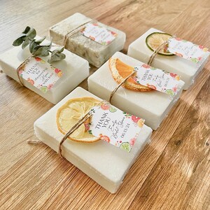 handmade bars of soap for citrus bridal shower favors with personalized tag
