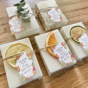 handmade bars of soap for citrus bridal shower favors with personalized tag