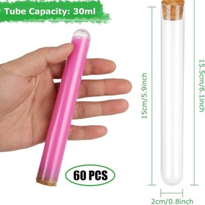 May include: 60 clear glass test tubes with cork stoppers. Each tube is 6.1 inches tall and 0.8 inches in diameter. The tubes have a capacity of 30 ml.
