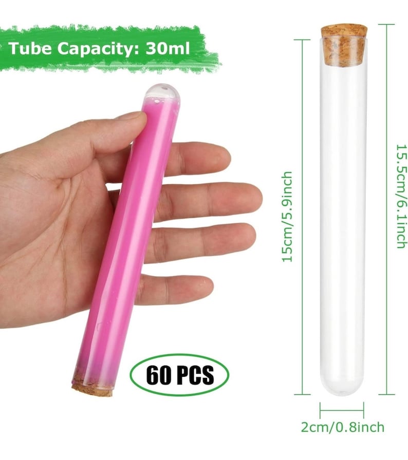 May include: 60 clear glass test tubes with cork stoppers. Each tube is 6.1 inches tall and 0.8 inches in diameter. The tubes have a capacity of 30 ml.