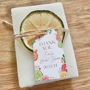 handmade bars of soap for citrus bridal shower favors with personalized tag