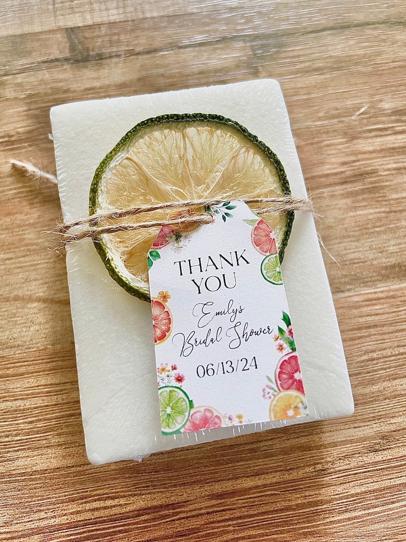 handmade bars of soap for citrus bridal shower favors with personalized tag