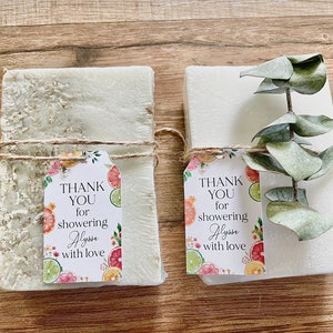 handmade bars of soap for citrus bridal shower favors with personalized tag