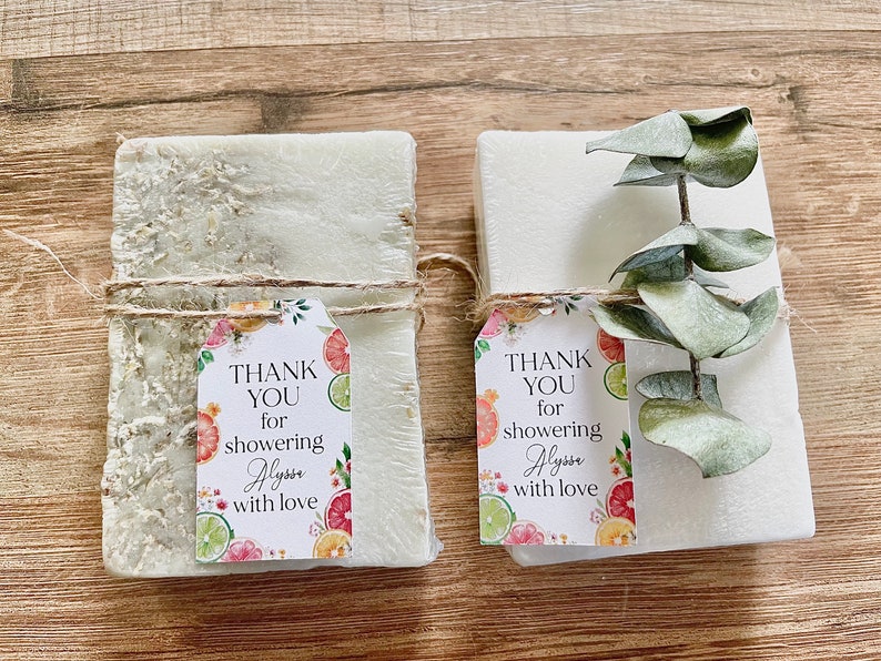 handmade bars of soap for citrus bridal shower favors with personalized tag