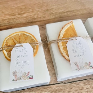“fresh off the market” theme personalized bridal shower favors