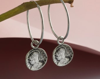 Orecchini cerchio moneta "gladiatore romano " / Argento 925 Sterling Silver 925, orecchini cerchio con pendente, orecchini cerchio argento