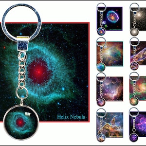 May include: A set of 10 keychains featuring different space nebulae. Each keychain has a silver metal ring and chain with a round glass charm. The charms feature colourful images of nebulae, including the Helix Nebula, the Orion Nebula, and the Crab Nebula. The keychains are a great way to show your love of space and astronomy.
