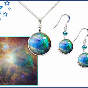 Pendientes de nebulosa de Orión y colgante conjunto de regalo con tarjeta de foto informativa.