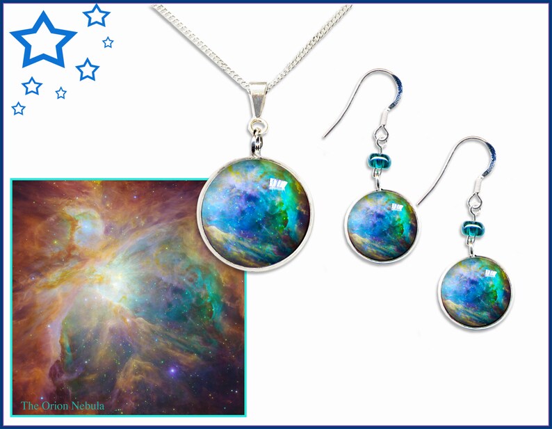 Orion Nebula Earrings and Pendant Gift Set with informative photo card. image 1