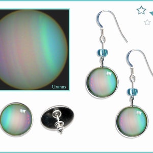 Pendientes de Urano en plata opalescente: colgantes, de botón o con clip, con tarjeta fotográfica GRATIS