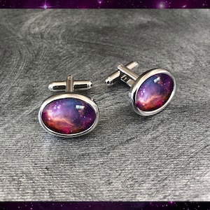 Silver S.M.C. Galaxy Cufflinks con tarjeta fotográfica informativa. Space Art Jewellery