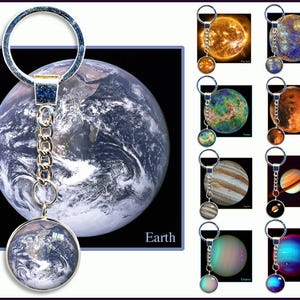 Llaveros Planetas y Sol, Sol, Mercurio, Venus, Tierra, Marte, Júpiter, Saturno, Urano, Neptuno. Con tarjeta fotográfica informativa GRATIS. Arte espacial.
