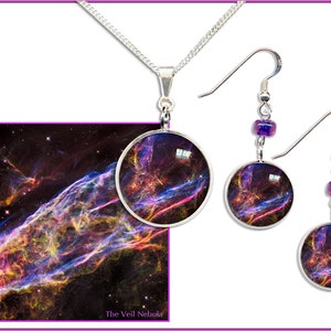 Veil Nebula Hanger en Oorbellen Gift Set met GRATIS fotokaart. Drop, Studs en Clips beschikbaar