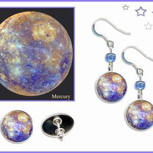 Pendientes de mercurio. Colgantes, tachuelas o clips con tarjeta fotográfica GRATIS. Joyería de Arte Espacial