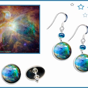 Pendientes colgantes y de botón de la nebulosa de Orión en plata de ley con tarjeta fotográfica GRATIS. Joyas de arte espacial