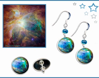 Sterling Sillver Orion Nebula Dangle and Stud Earrings with FREE photo card. Space Art Jewellery