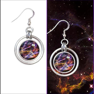 Pendientes de nebula espacial, pendientes de nebulosa del velo, con tarjeta de fotos informativa GRATIS