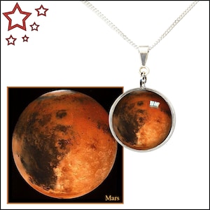 Colgante de Marte en cadena de plata de ley con tarjeta fotográfica GRATIS. Joyas de arte espacial