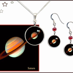 高品質の写真ギフトカード付きのスターリングシルバーのチェーンとワイヤーの土星ペンダントとイヤリング