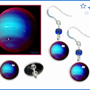 Pendientes Neptuno. Colgantes, tachuelas o clips con tarjeta fotográfica informativa GRATUITA. Pendientes azules. Joyería de Arte Espacial