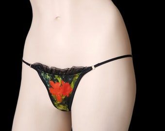 Size S, silk thong, precious floral design fabric, adjustable straps