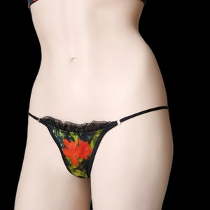 Size S, silk thong, precious floral design fabric, adjustable straps image 1