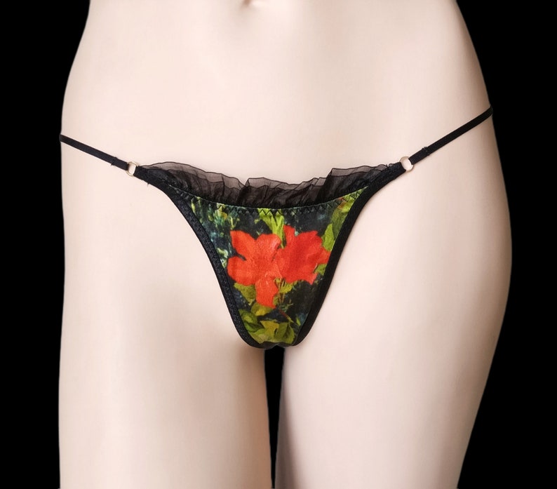 Size S, silk thong, precious floral design fabric, adjustable straps image 2