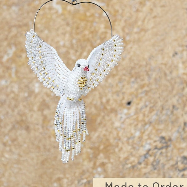 White Dove Ornament, Beaded Dove Suncatcher, Dove Necklace, Bird Brooch, Bird Lover Gift, Bird Figurine, Hanging Decor / Made to Order