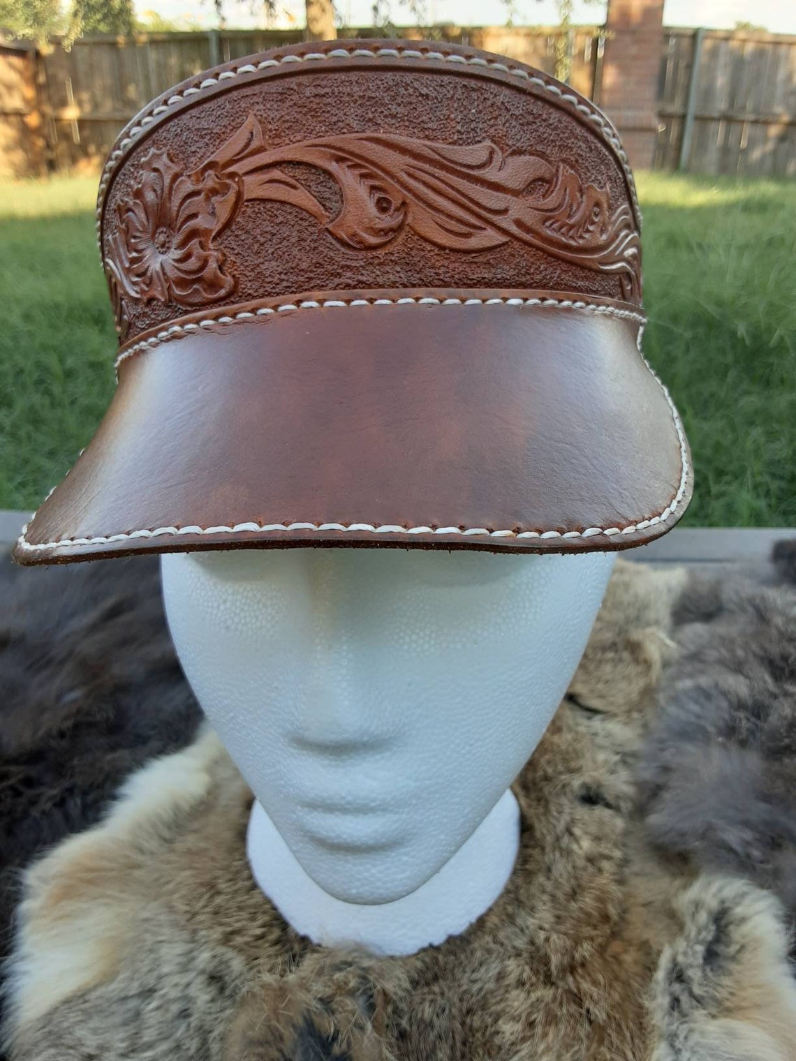 Leather Visor Hat Tooled Leather Sun Hat Floral Leather Visor Etsy