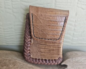 Secure Belt Clip ID Wallet - Brown Lizard Leather Card Holder, Minimalist Style,