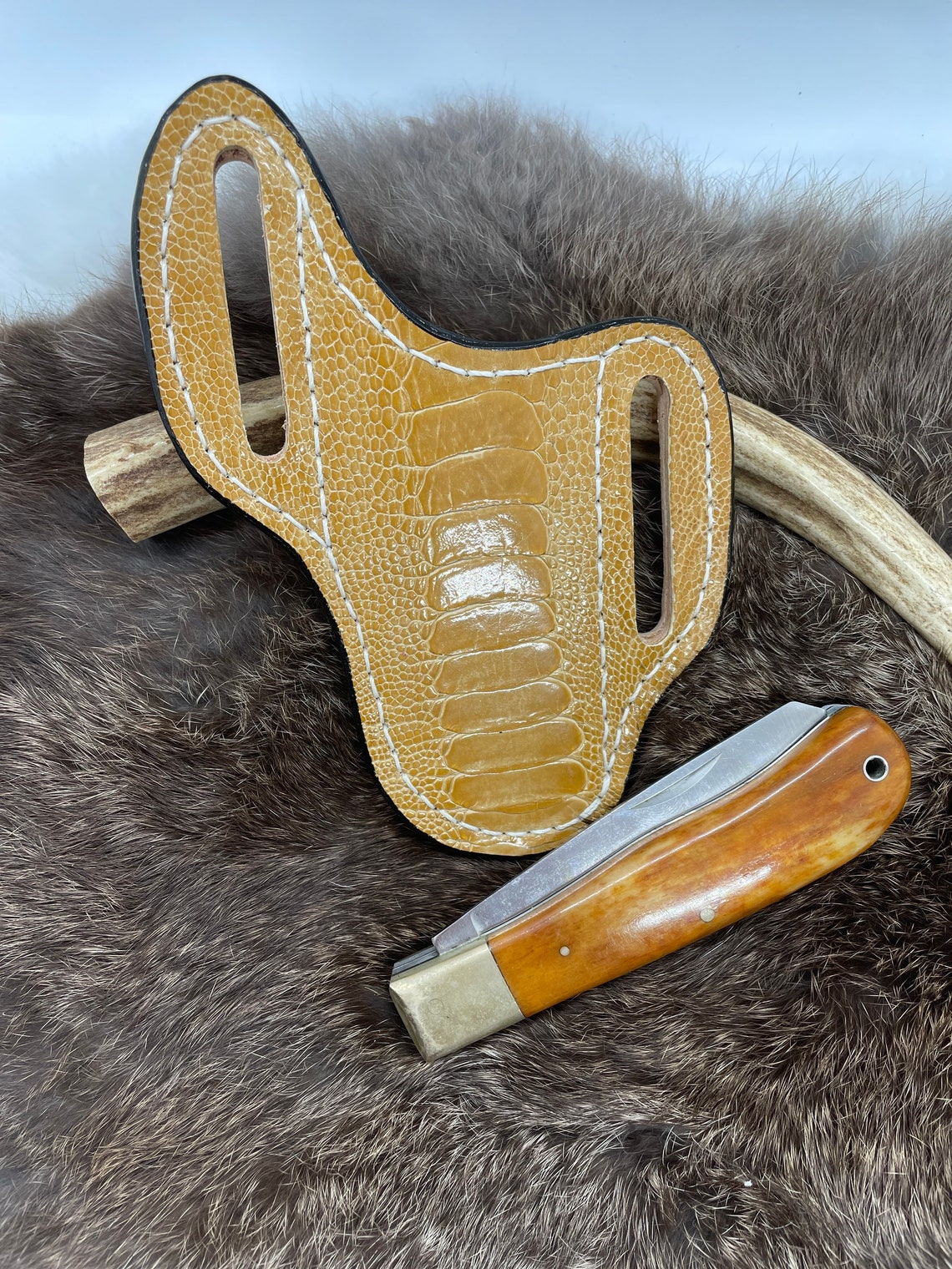 Ostrich Knife Sheath, Trapper Knife Sheath, Exotic Ostrich Pancake