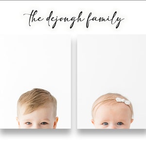 May include: Two portraits of children, a boy and a girl, peeking from behind white backgrounds. The boy has blonde hair and blue eyes. The girl has blonde hair, blue eyes, and a white bow in her hair. The text "the dejongh family" is written above the portraits.