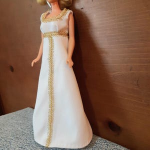 Retro 60&#39;s/70&#39;s Elegant White and Gold Maxi Dress for Silkstone and Vintage Fashion Dolls