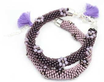 Pair of Purple Bead Crochet Bracelets decorated with the Flower pattern, Tubular Bracelets, Beaded Bracelets, Crocheted tube bracelets